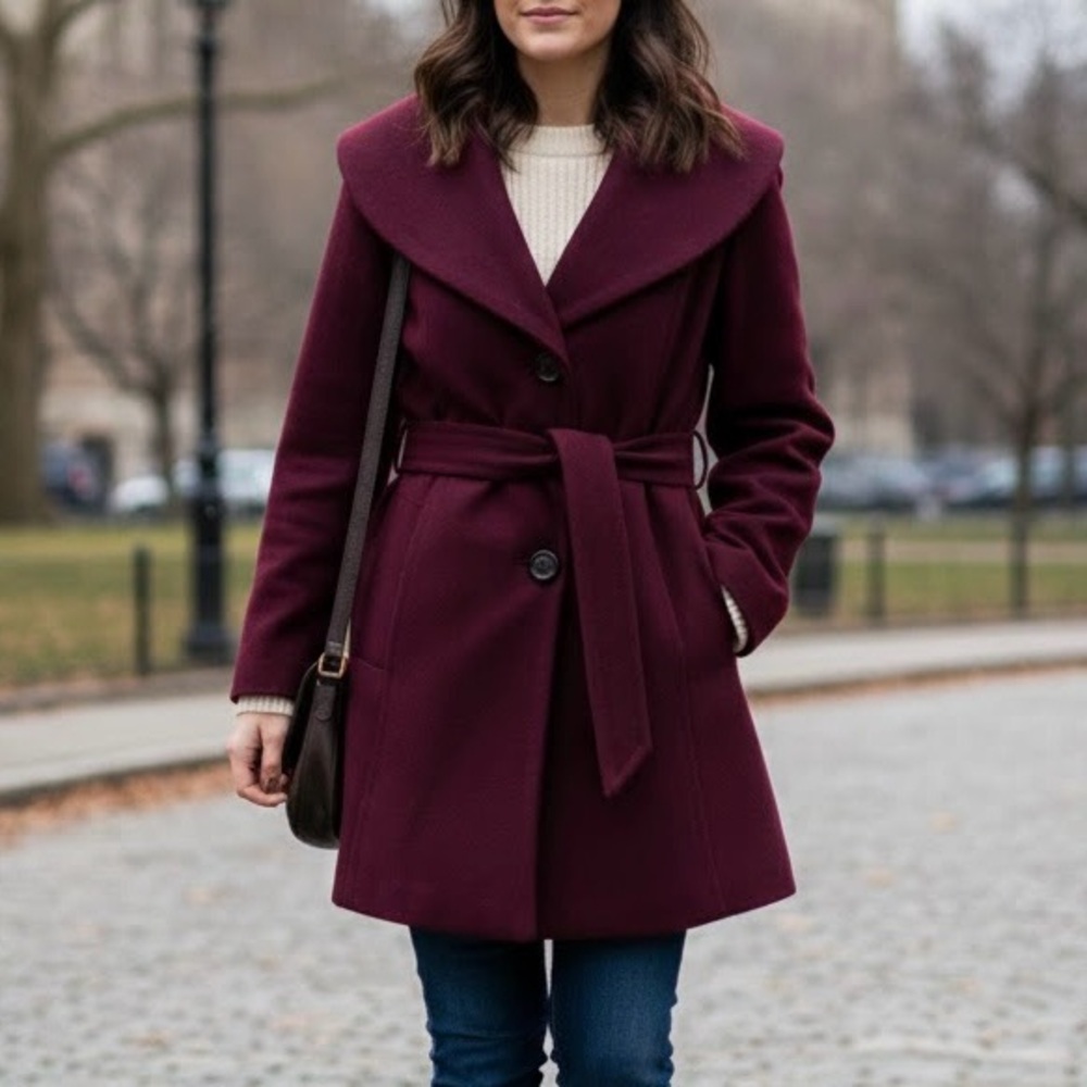 Women's Burgundy Wool-Blend Belted Coat